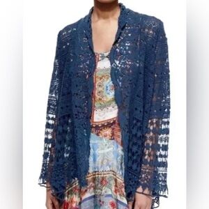 Johnny Was Cardigan Size Small Blue Bobble Crochet‎ Floral Boho Coastal Festival